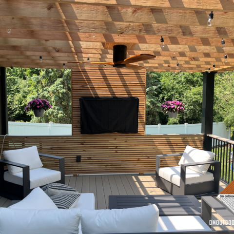 Natural Wood TV Wall and Ceiling Fan